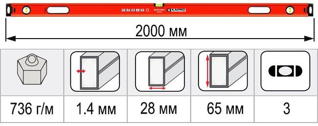 Размеры уровень строительный 2000 мм KAPRO SATURN 987XL-41-200