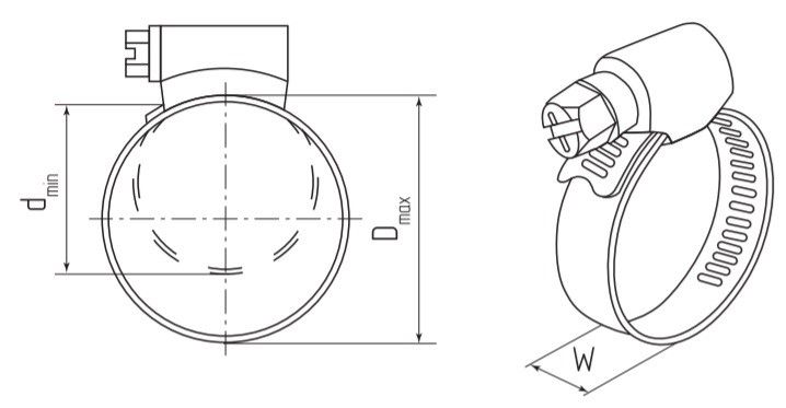 Хомут червячный 32-50/9 мм NORMA Torro, оцинкованная сталь W1 - схема, чертеж