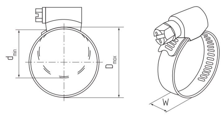 Хомут червячный 130-150/12 мм NORMA Torro, нержавеющая сталь W2 - схема, чертеж