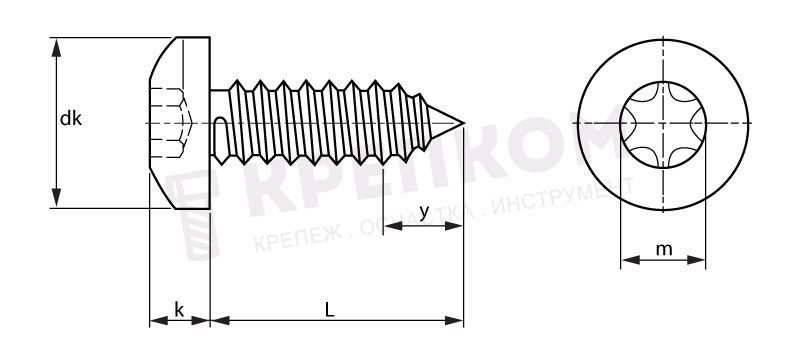 Саморез с полукруглой головкой и шлицем Torx ISO 14585 (DIN 7981) форма C-схема