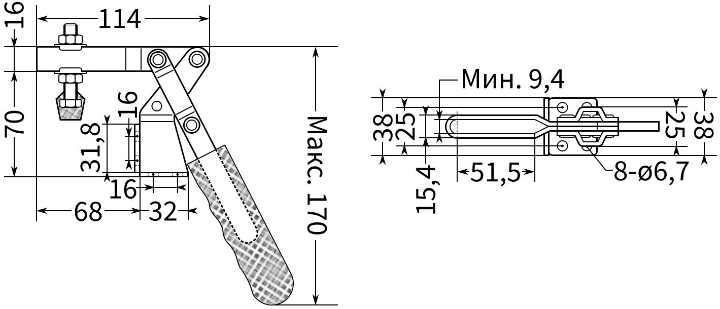 Прижим рычажный горизонтальный L=170 мм 31931 - схема