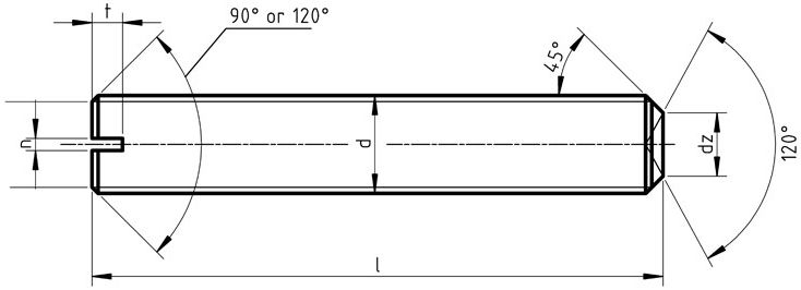 DIN 438 Винт установочный с прямым шлицем и засверленным концом - схема, чертеж