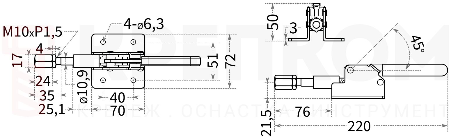 Зажим плунжерный (рычажный) 12 мм HD-302D - чертеж с размерами