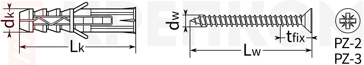 Распорный дюбель с шурупом Wkret-met KRX - схема, чертеж