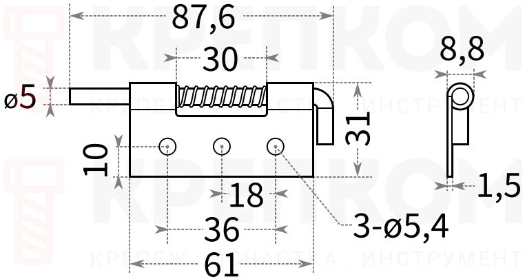 Петля для ящиков L=61 L38-3 - схема, чертеж, размеры