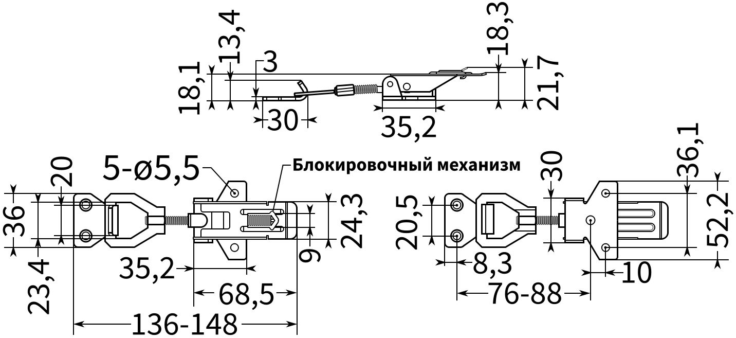 Замок регулируемый натяжной B03C-3 - схема, размеры