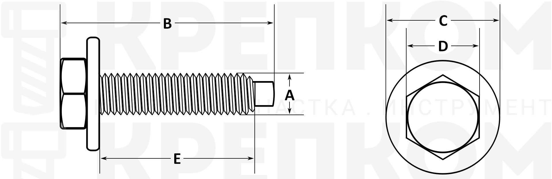 Болт шестигранный М5х0,8х20 мм с шайбой - схема, чертеж