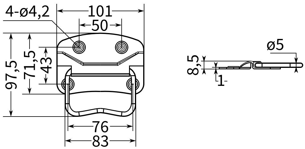 Нержавеющая ручка для ящика откидная M12c - размеры, схема