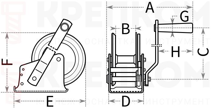 Лебедка ручная барабанная LRB, канат/лента 10 м, Сибталь - схема, чертеж