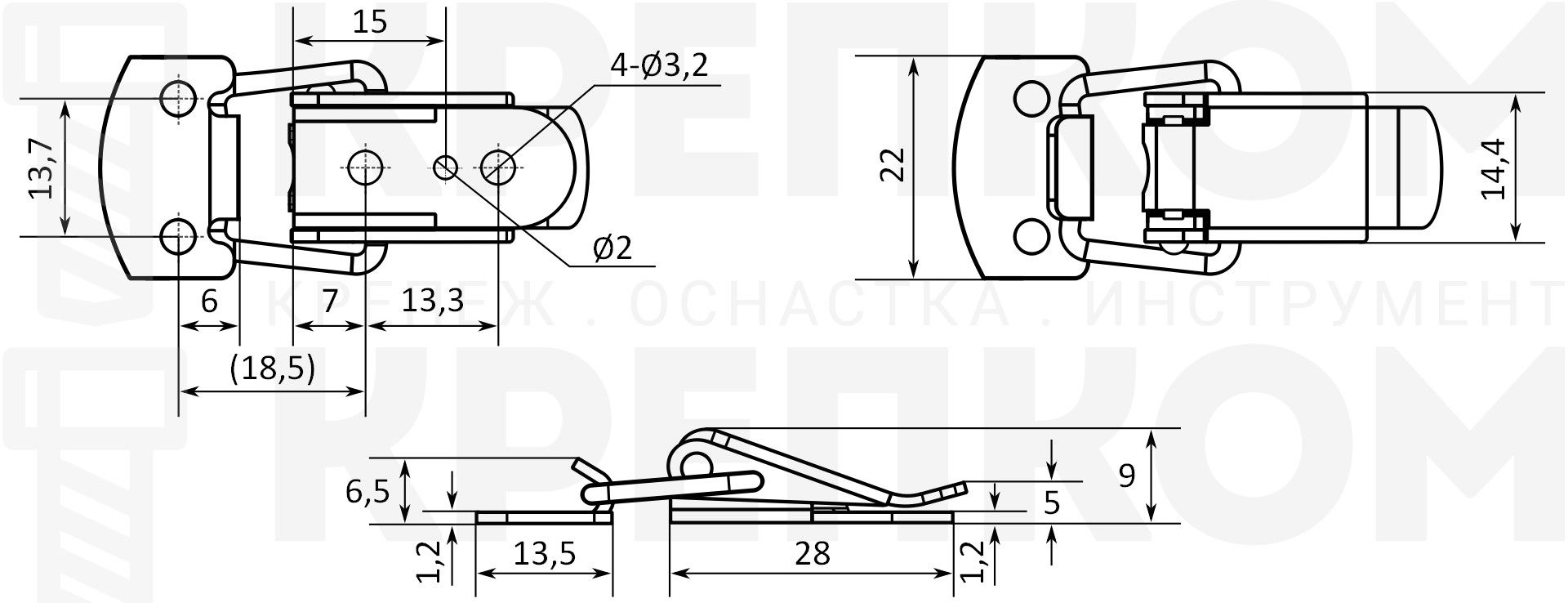 Замок-защелка лягушка L=28 B65 - схема с размерами