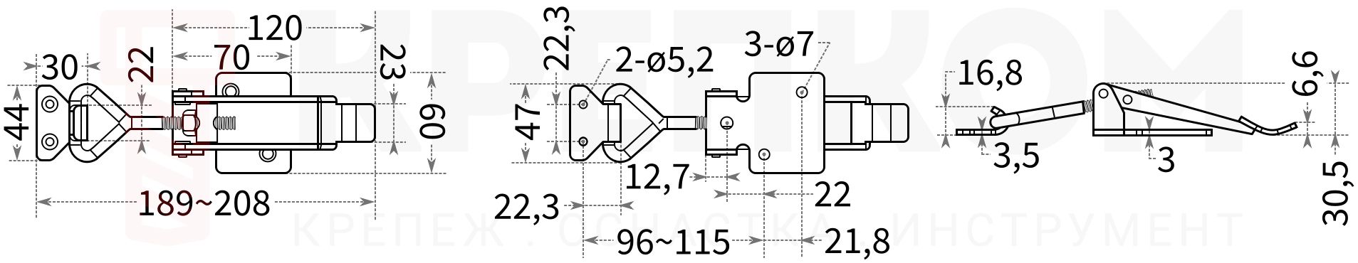 Замок регулируемый натяжной L=150-200 мм усиленный 5115C, нержавеющая сталь А2 - чертеж с размерами