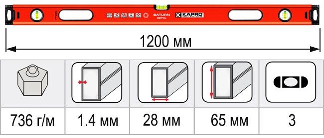 Размеры уровень строительный 1200 мм KAPRO SATURN 987XL-41-120