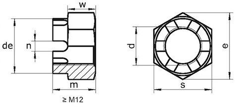 Низкая корончатая гайка DIN 979 - схема, размеры