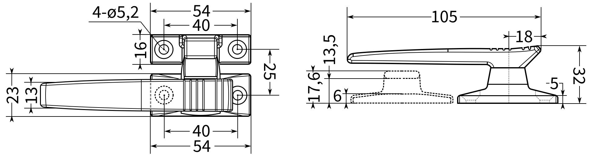 Ручка-защелка дверная L=105 N13C-4 - размеры, схема