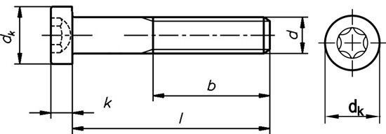DIN 7984 Винт с цилиндрической низкой головкой и шлицем TORX - схема, размеры
