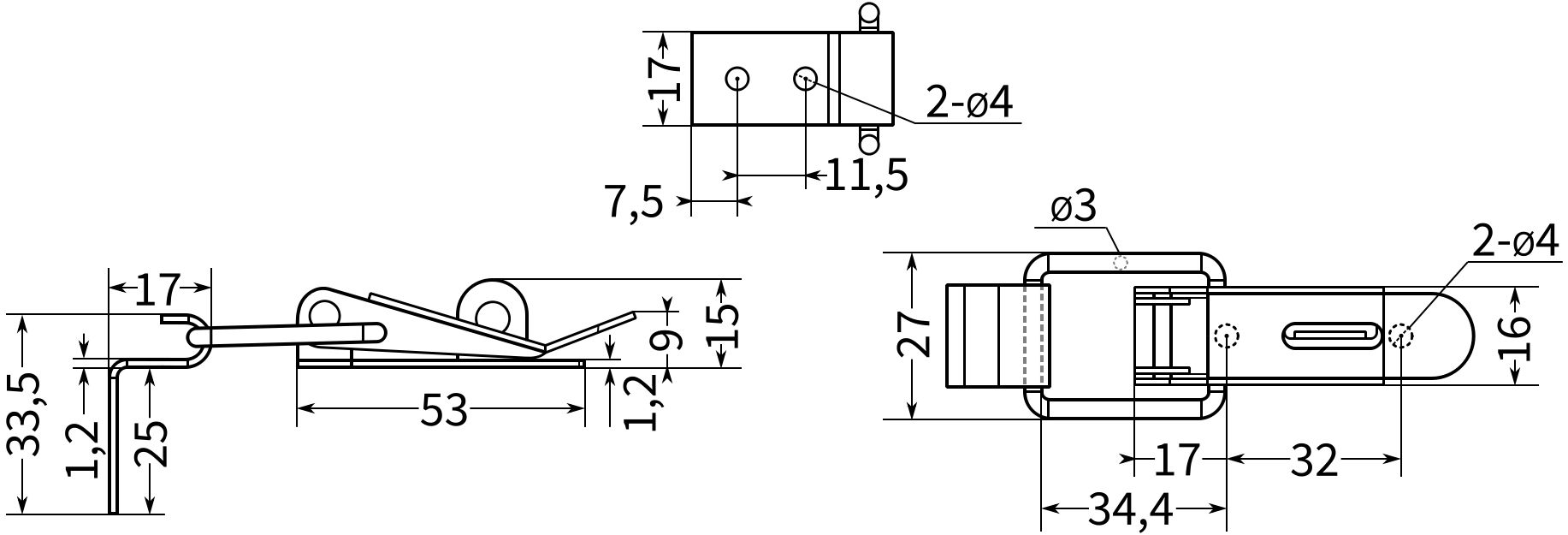 Замок-защелка с ушком L=53 B27, схема и размеры