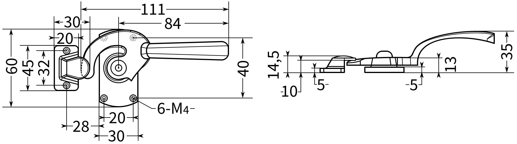 Ручка-защелка дверная L=111, N12C-5R - схема и размеры