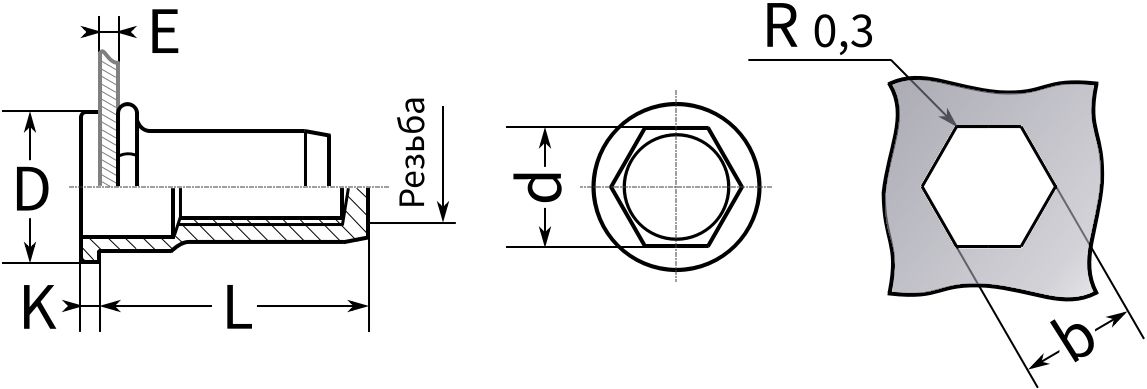 Резьбовая заклепка полушестигранная, закрытая - схема