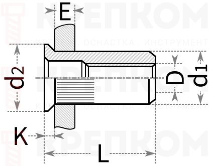 Резьбовая заклепка с потайным бортиком и насечками - схема, чертеж