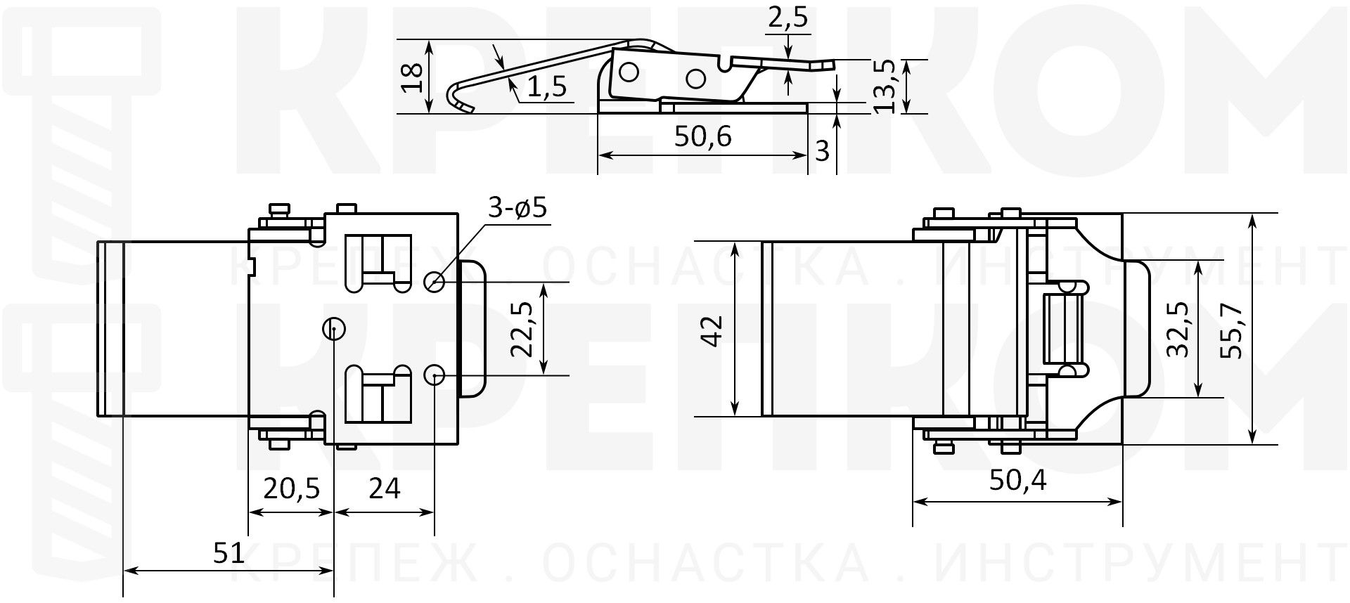 Замок-защелка со скрытым пружинным механизмом L=51 B96C схема с размерами