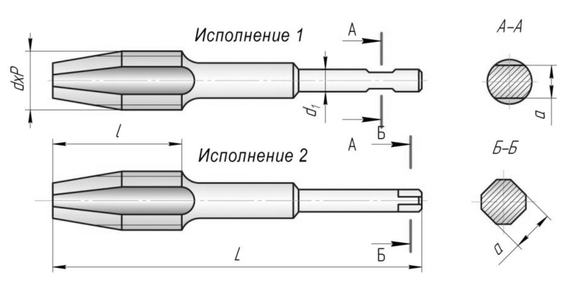 Метчик гаечный с прямым хвостовиком, исполнение 2, Р6М5 ГОСТ 1604-71 РИ, метрическая резьба - схема