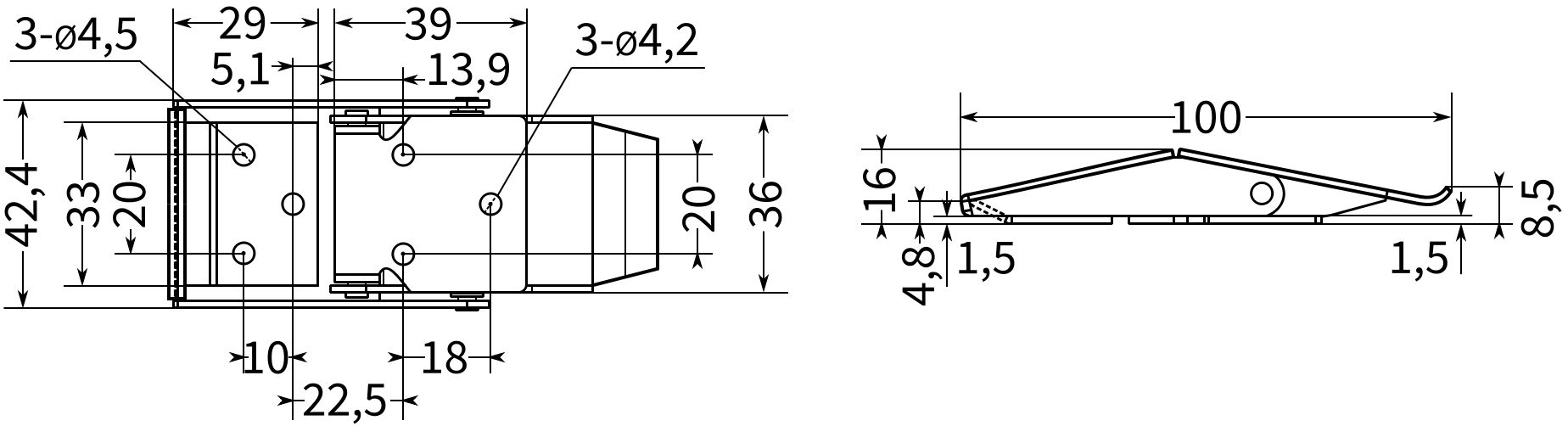 Замок-защелка накладной L=100 B39C-3 - размеры, схема