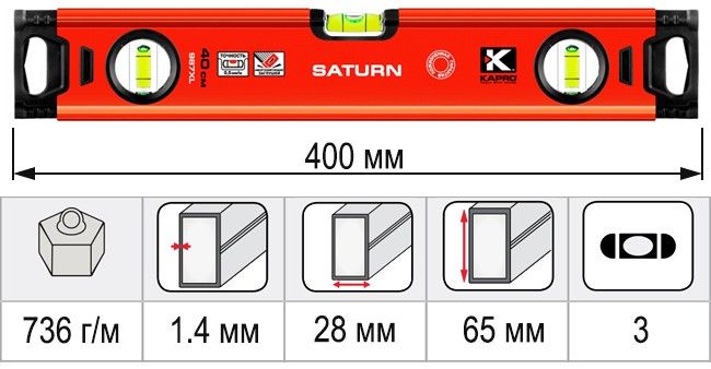 Размеры уровень строительный 400 мм KAPRO SATURN 987XL-41-40