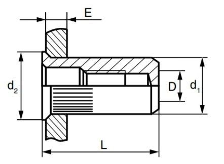 Резьбовая заклепка с уменьшенным бортиком и насечками, закрытая - схема