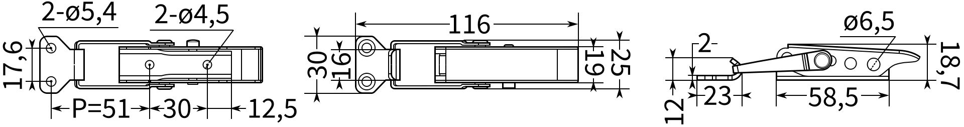 Замок-защелка регулируемый с самоблокировкой L=116 B224C - схема с размерамиЗамок-защелка регулируемый с самоблокировкой L=116 B224C - схема с размерами