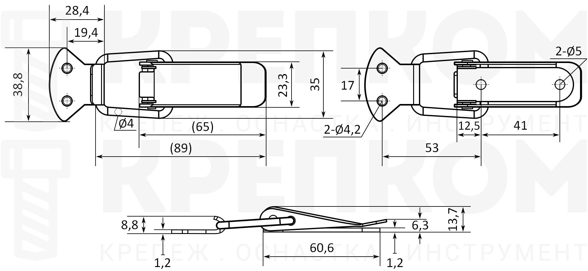 Замок-защелка лягушка L=89 B14, схема и размеры