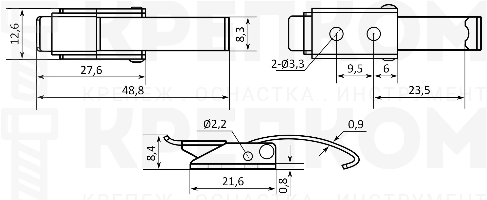 Замок-защелка накидной L=38 B253C, размеры и схема