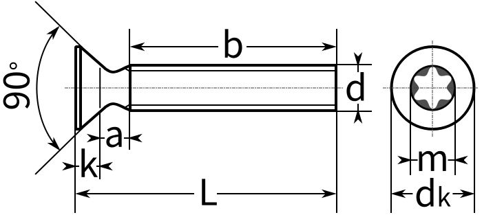 Винт с потайной головкой и шлицем TORX ISO 14581 (DIN 965) - размеры