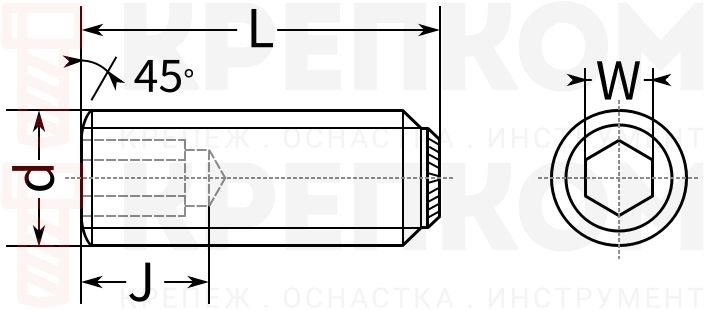 Винт дюймовый установочный HEX с насечками DIN 916 UNF - схема, чертеж