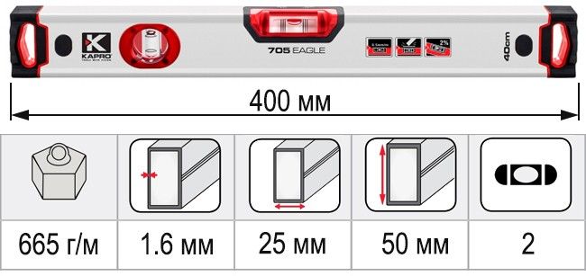 Размеры уровень строительный 400 мм KAPRO EAGLE 705-40-40