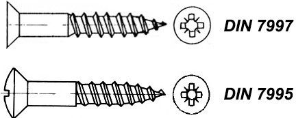 Шурупы с потайной и полупотайной головкой, шлиц PH, PZ: DIN 7997, DIN 7995