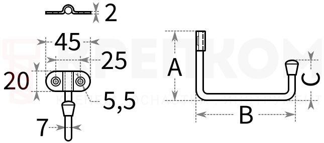 Крюк настенный U-образный - схема, чертеж