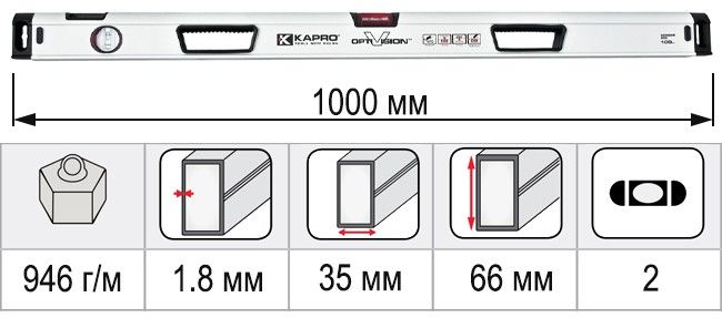 Размеры уровень строительный 1000 мм KAPRO CONDOR 905-40-100