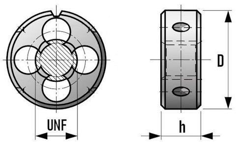 Плашка круглая левая дюймовая резьба UNF 1/4-28 HSS DIN EN 22568 (DIN 223) GSR - чертеж