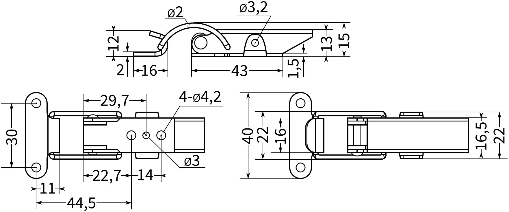 Замок-защелка с отверстием для блокировки L=43 B55 - схема, размеры