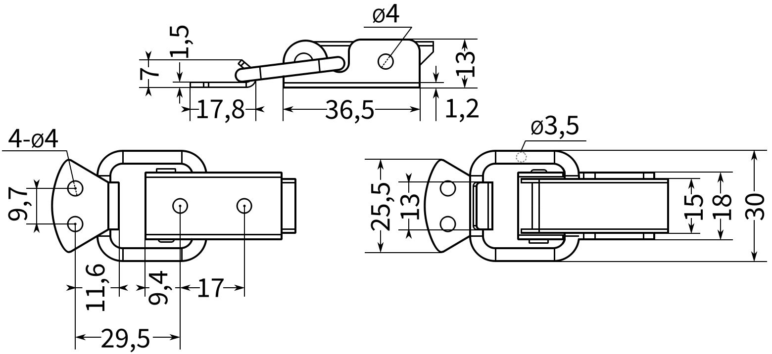 Замок-защелка накидной L=37 B91C, размеры