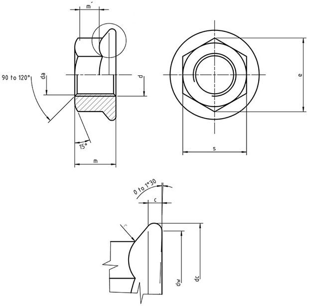 Гайка с фланцем и насечкой DIN 6923 - чертеж