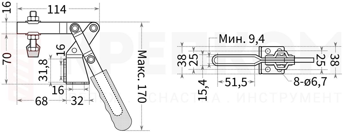 Прижим рычажный горизонтальный L=170 мм 31931 - схема