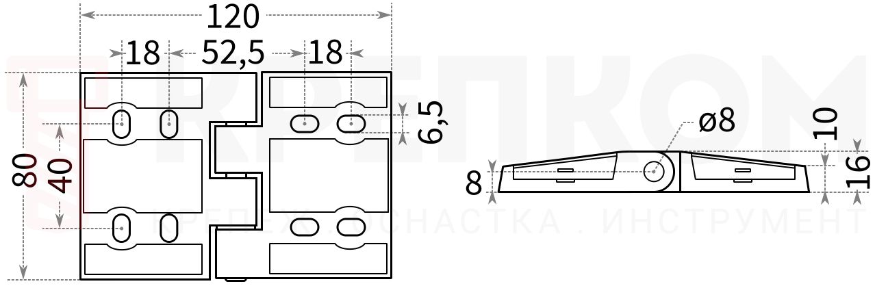 Петля накладная L=120 мм L214 - схема с размерами