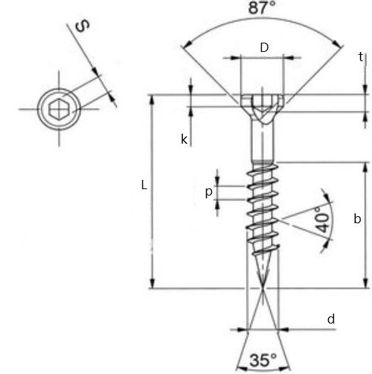Саморез-винт с потайной головкой и вн. шестигранником - схема
