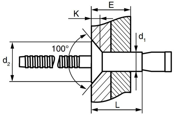 Заклепка вытяжная с потайным бортиком 100°, усиленная - схема