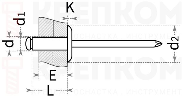 Заклепка алюминий/сталь со стандартным бортиком - схема, чертеж