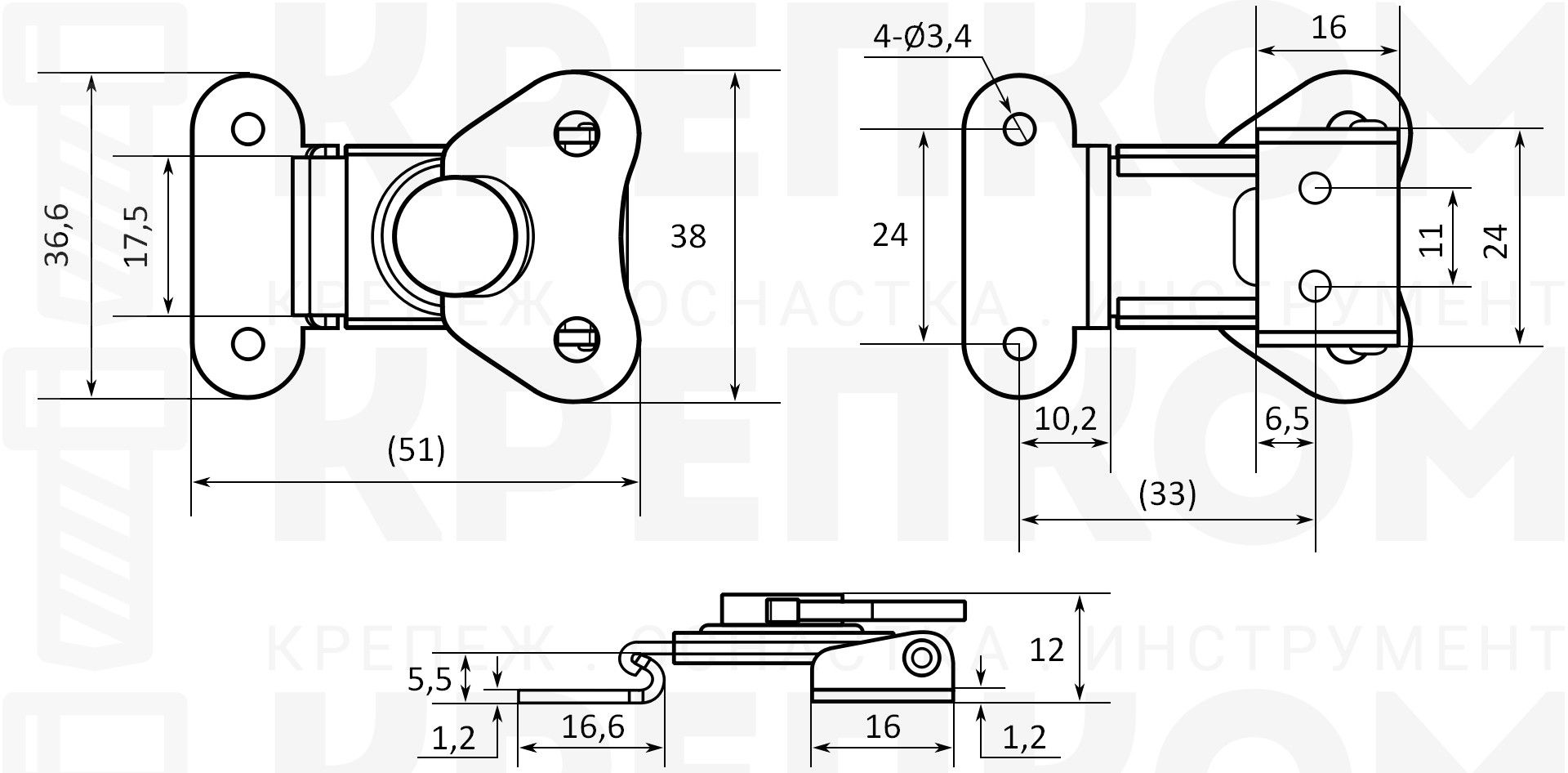 Замок-защелка поворотный L=51 B92C-2, размеры