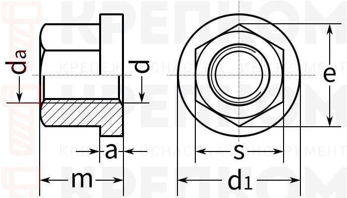 Гайка высокая с фланцем DIN 6331 - схема, чертеж