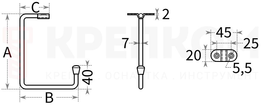 Крюк потолочный U-образный - схема, чертеж