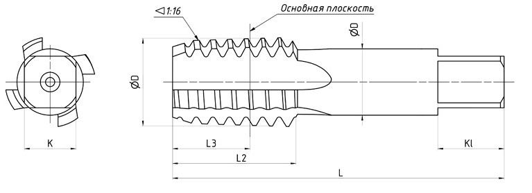 Метчик машинно-ручной конический, исполнение 1, Р6М5 РИ, дюймовая резьба К(NPT) - схема